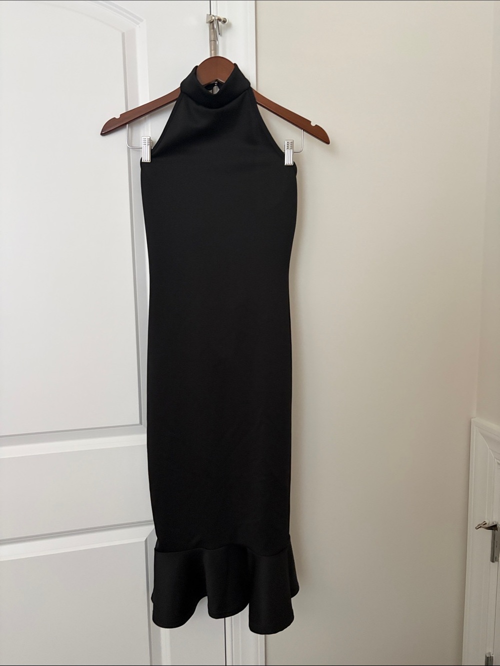 PrettyLittleThing Black High-Neck Ruffle-Hem Midi Dress